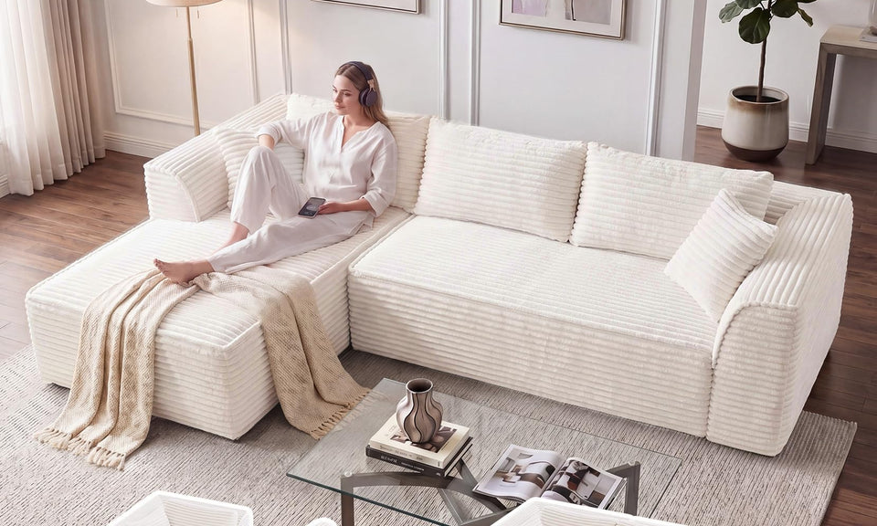 Vesgantti 106"/135" Boneless Cloud Couch with Chaise, No Assembly Required, Deep Seat L Couch, Sectional Modular Sofa, Memory Foam Living Room Couches for Apartment, Corduroy/Chenille
