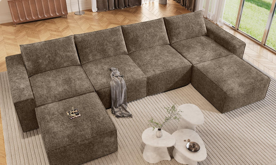 Vesgantti 114" 145.6" 143.7" L/U Shaped Boneless Cloud Couch, Chenille Sectional Modular Sofa Couch with Ottoman, No Assembly Required, Free Combination