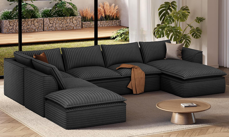 Vesgantti 141.7" 204.7" Corduroy Boneless Sectional Couch, Modular Couch with Chaise & Ottoman, No Assembly Required