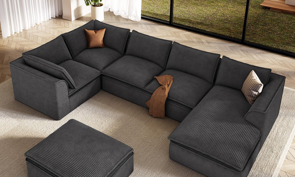 Vesgantti 141.7" 204.7" Corduroy Boneless Sectional Couch, Modular Couch with Chaise & Ottoman, No Assembly Required