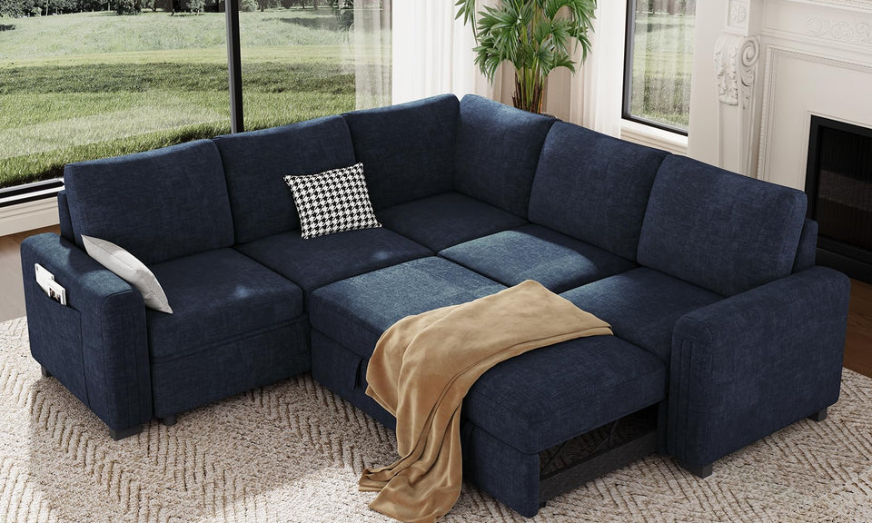 Vesgantti 88.4" 113.6" Corduroy/Chenille Sectional Sleeper Sofa with Pull Out Bed Chaise, Comfy Modular Cloud Couch with Storage