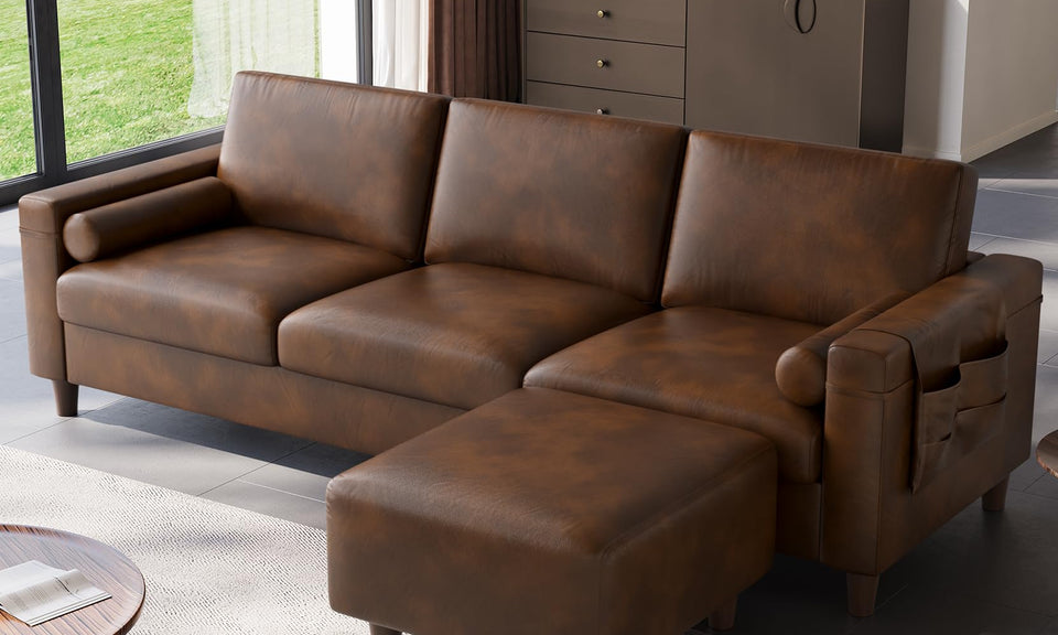 Vesgantti 100" L-Shaped Faux Leather Modular Sectional Couch, Mid Century PU Leather Sofa with Movable Ottoman