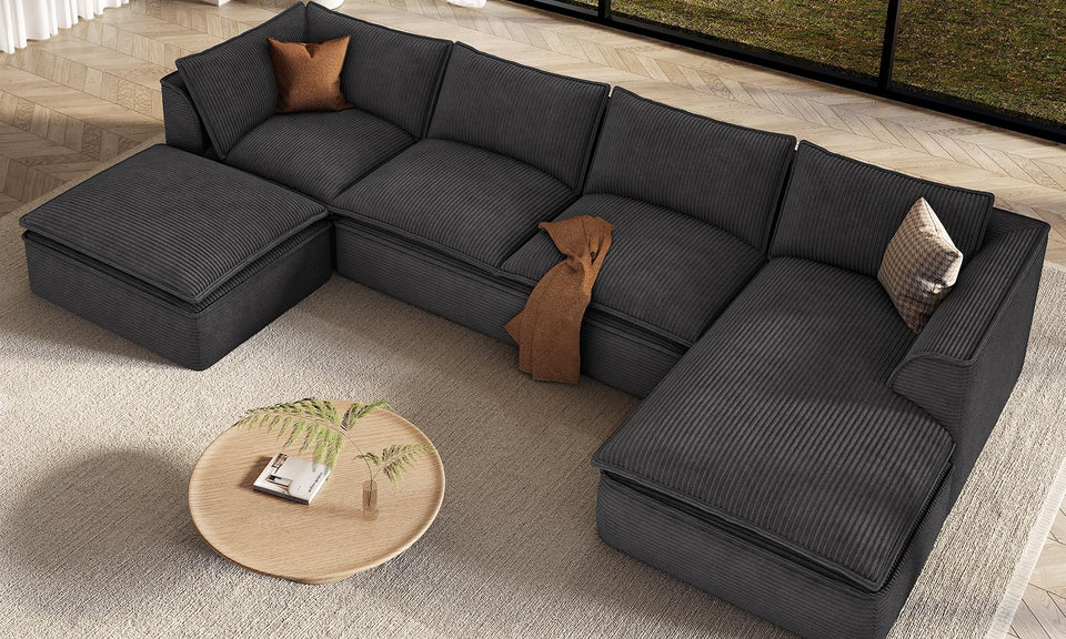 Vesgantti 141.7" 204.7" Corduroy Boneless Sectional Couch, Modular Couch with Chaise & Ottoman, No Assembly Required
