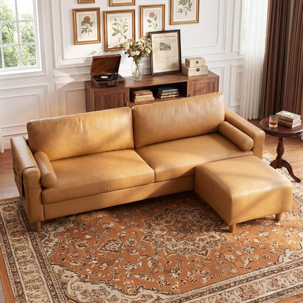 Vesgantti 100" L-Shaped Faux Leather Modular Sectional Couch, Mid Century PU Leather Sofa with Movable Ottoman