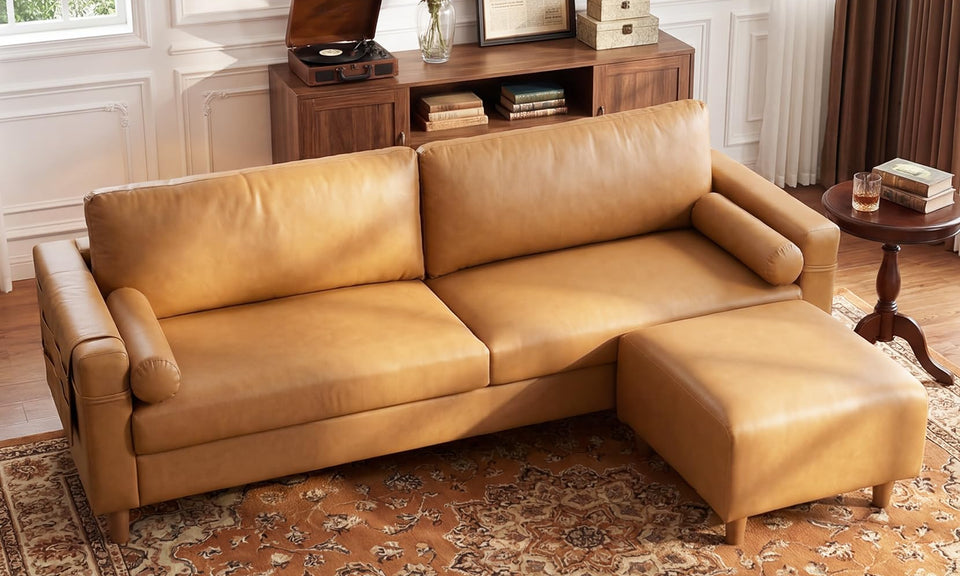 Vesgantti 100" L-Shaped Faux Leather Modular Sectional Couch, Mid Century PU Leather Sofa with Movable Ottoman