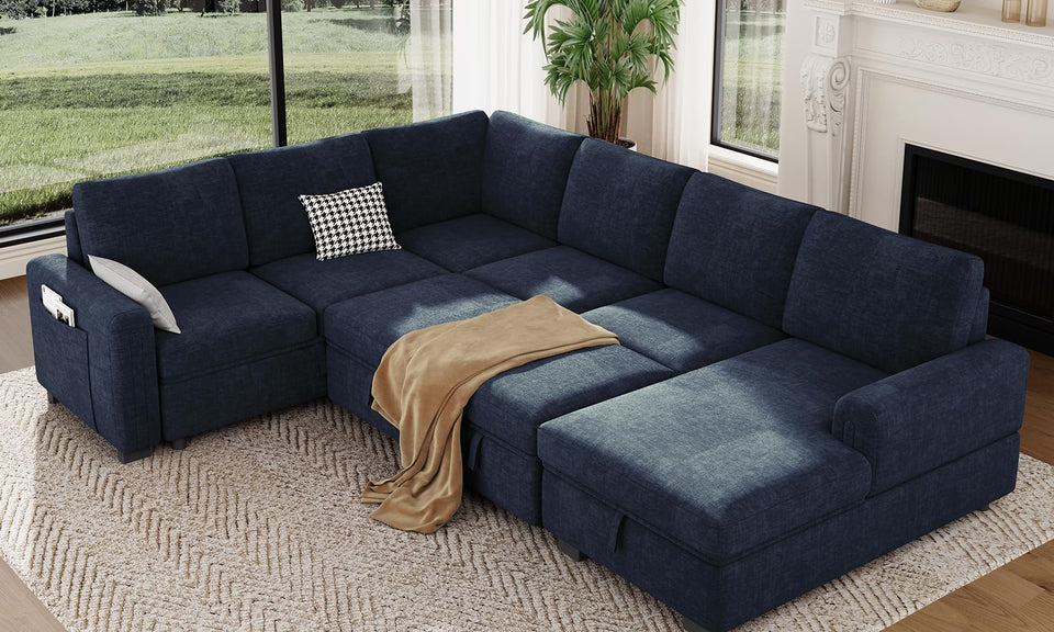 Vesgantti 88.4" 113.6" Corduroy/Chenille Sectional Sleeper Sofa with Pull Out Bed Chaise, Comfy Modular Cloud Couch with Storage