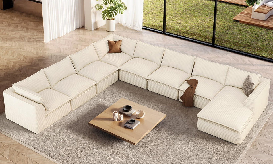 Vesgantti 141.7" 204.7" Corduroy Boneless Sectional Couch, Modular Couch with Chaise & Ottoman, No Assembly Required