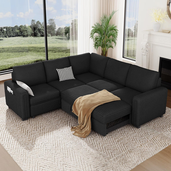 Vesgantti 88.4" 113.6" Corduroy/Chenille Sectional Sleeper Sofa with Pull Out Bed Chaise, Comfy Modular Cloud Couch with Storage