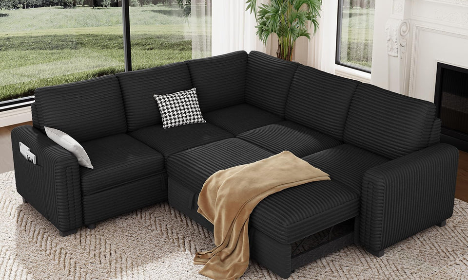 Vesgantti 88.4" 113.6" Corduroy/Chenille Sectional Sleeper Sofa with Pull Out Bed Chaise, Comfy Modular Cloud Couch with Storage