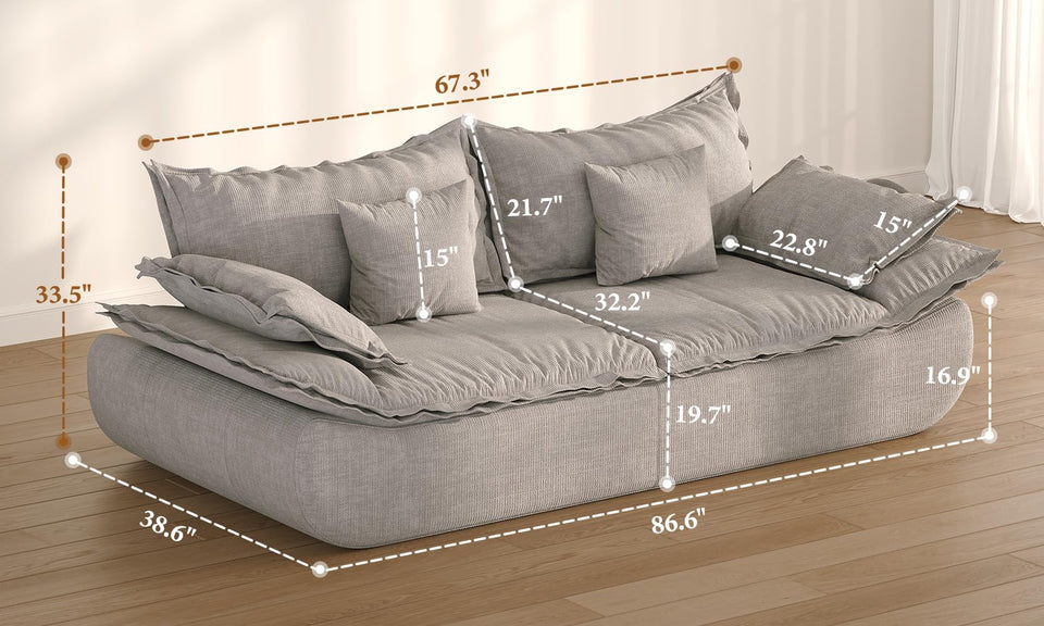 Vesgantti 86.6" Cloud Boneless Couch, 3 Seater Comfy Chenille Upholstered Sailboat Sofa with Curved Armrest, No Assembly Required