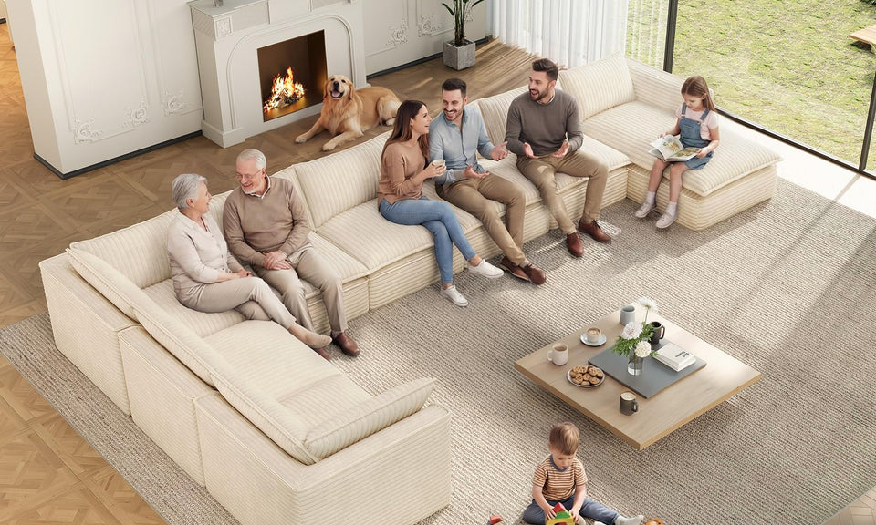 Vesgantti 141.7" 204.7" Corduroy Boneless Sectional Couch, Modular Couch with Chaise & Ottoman, No Assembly Required