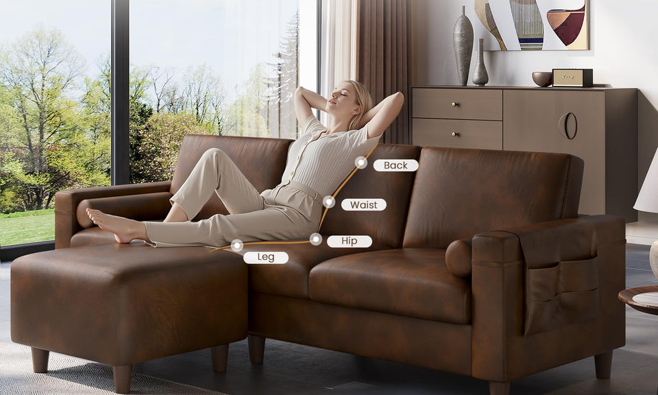 Vesgantti 100" L-Shaped Faux Leather Modular Sectional Couch, Mid Century PU Leather Sofa with Movable Ottoman