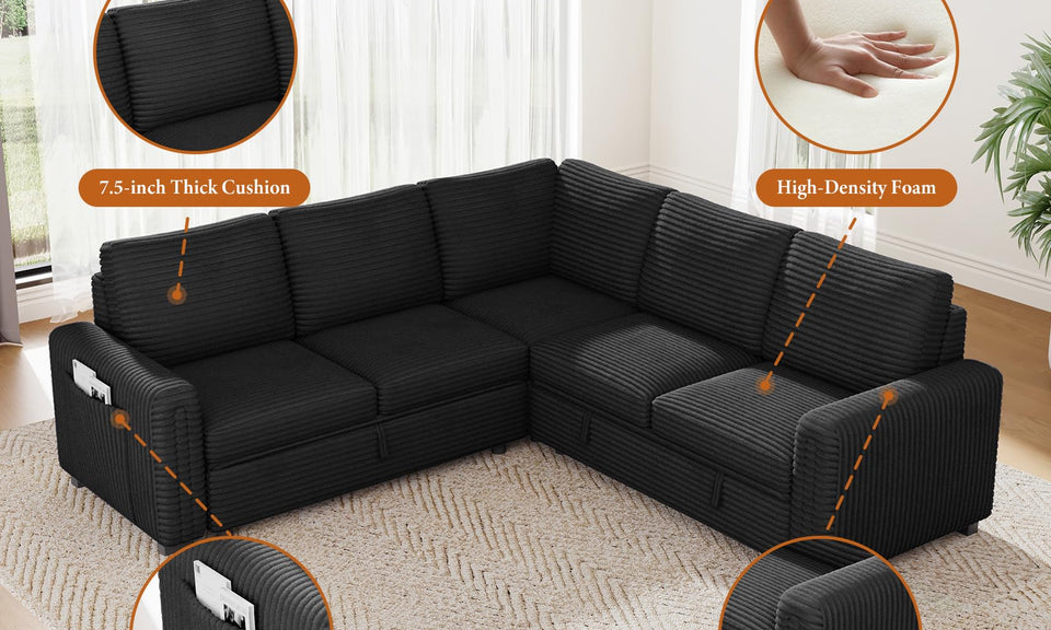 Vesgantti 88.4" 113.6" Corduroy/Chenille Sectional Sleeper Sofa with Pull Out Bed Chaise, Comfy Modular Cloud Couch with Storage