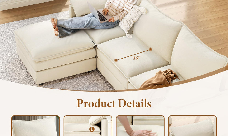 Vesgantti Modular Sectional Sofa, Cloud Couch, Modern Corduroy/Chenille, Height Adjustable, Cloud-Like Comfort, Deep Seat, Movable Ottoman, Couches for Living Room