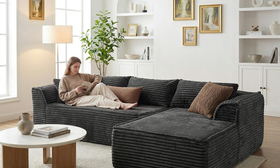 Vesgantti 106"/135" Boneless Cloud Couch with Chaise, No Assembly Required, Deep Seat L Couch, Sectional Modular Sofa, Memory Foam Living Room Couches for Apartment, Corduroy/Chenille