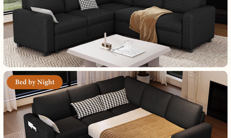 Vesgantti 88.4" 113.6" Corduroy/Chenille Sectional Sleeper Sofa with Pull Out Bed Chaise, Comfy Modular Cloud Couch with Storage