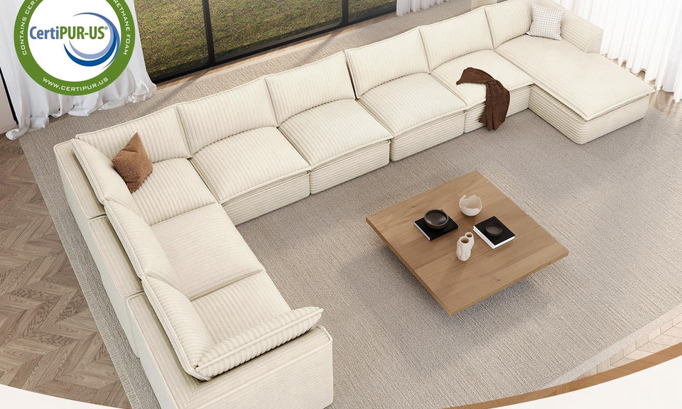 Vesgantti 141.7" 204.7" Corduroy Boneless Sectional Couch, Modular Couch with Chaise & Ottoman, No Assembly Required