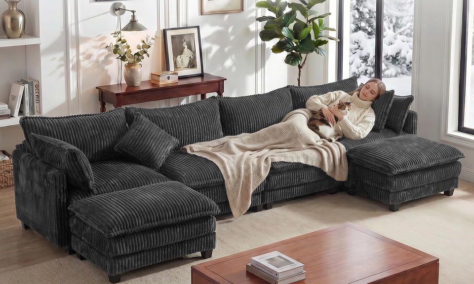Vesgantti 109" 143" L Shaped U Shaped Modular Sectional Sofa, Comfy Upholstered Cloud Corduroy Couches with Ottomans for Living Room