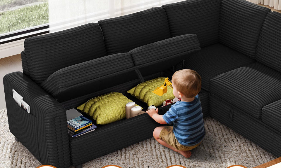 Vesgantti 88.4" 113.6" Corduroy/Chenille Sectional Sleeper Sofa with Pull Out Bed Chaise, Comfy Modular Cloud Couch with Storage