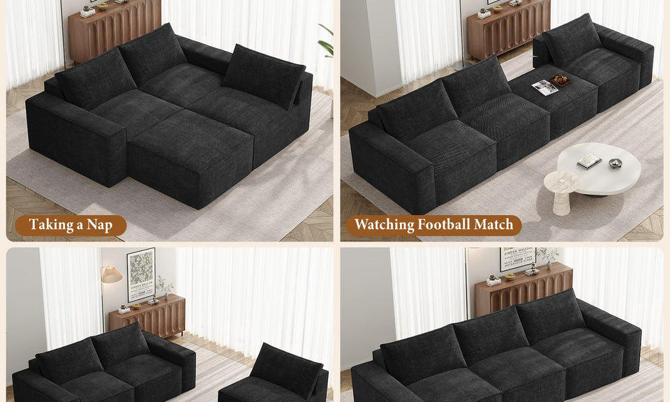 Vesgantti 114" 145.6" 143.7" L/U Shaped Boneless Cloud Couch, Chenille Sectional Modular Sofa Couch with Ottoman, No Assembly Required, Free Combination