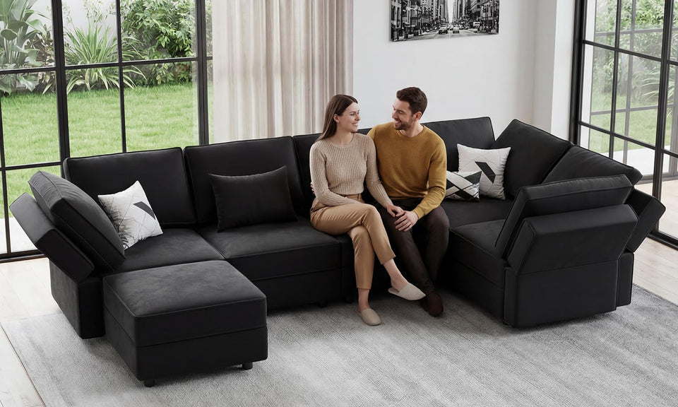 Vesgantti 92" 118" 5/6/8/9 Seats L Shaped U Shaped Modular Sectional Couch with Storage, Velvet Upholstery with Adjustable Backrests & Armrests