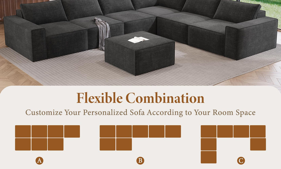 Vesgantti 114" 145.6" 143.7" L/U Shaped Boneless Cloud Couch, Chenille Sectional Modular Sofa Couch with Ottoman, No Assembly Required, Free Combination