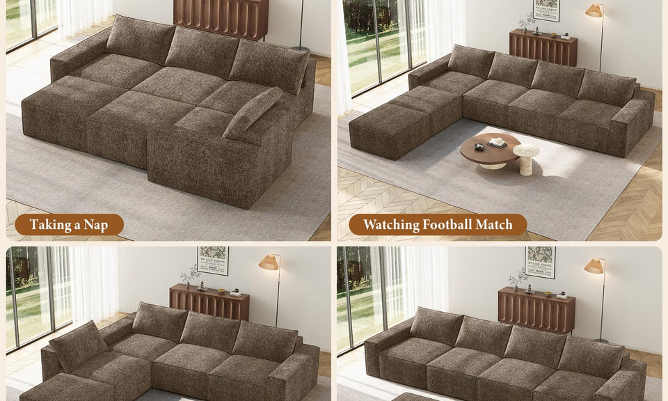Vesgantti 114" 145.6" 143.7" L/U Shaped Boneless Cloud Couch, Chenille Sectional Modular Sofa Couch with Ottoman, No Assembly Required, Free Combination