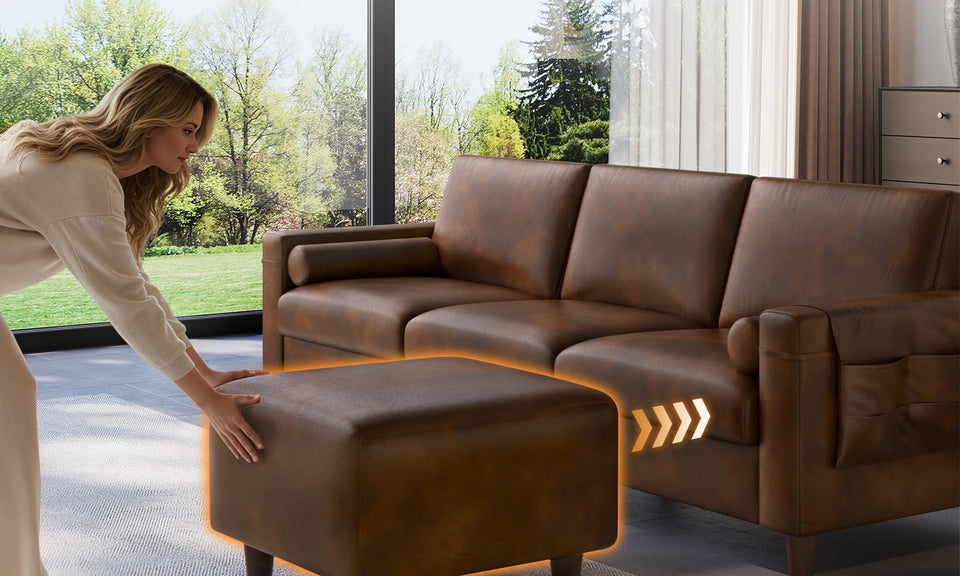Vesgantti 100" L-Shaped Faux Leather Modular Sectional Couch, Mid Century PU Leather Sofa with Movable Ottoman