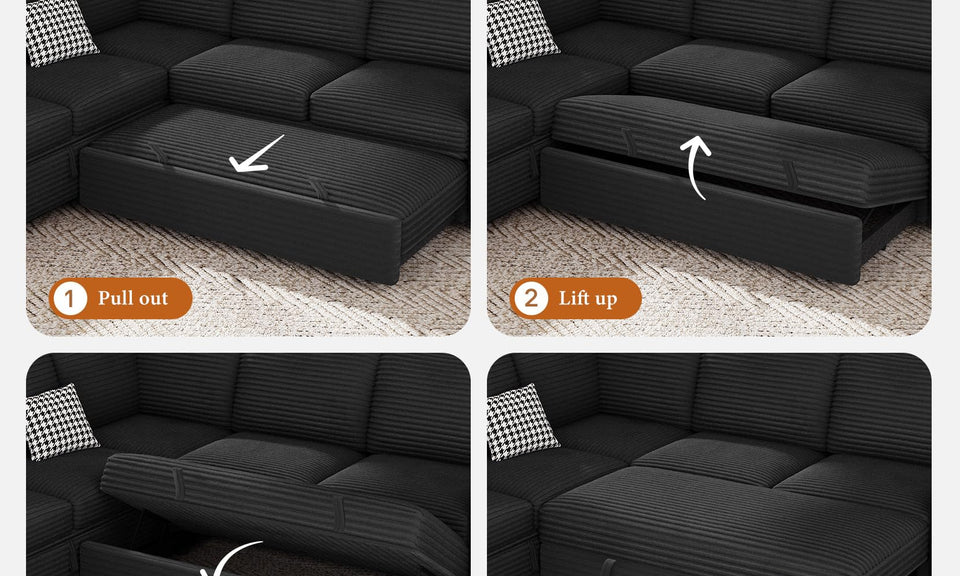 Vesgantti 88.4" 113.6" Corduroy/Chenille Sectional Sleeper Sofa with Pull Out Bed Chaise, Comfy Modular Cloud Couch with Storage