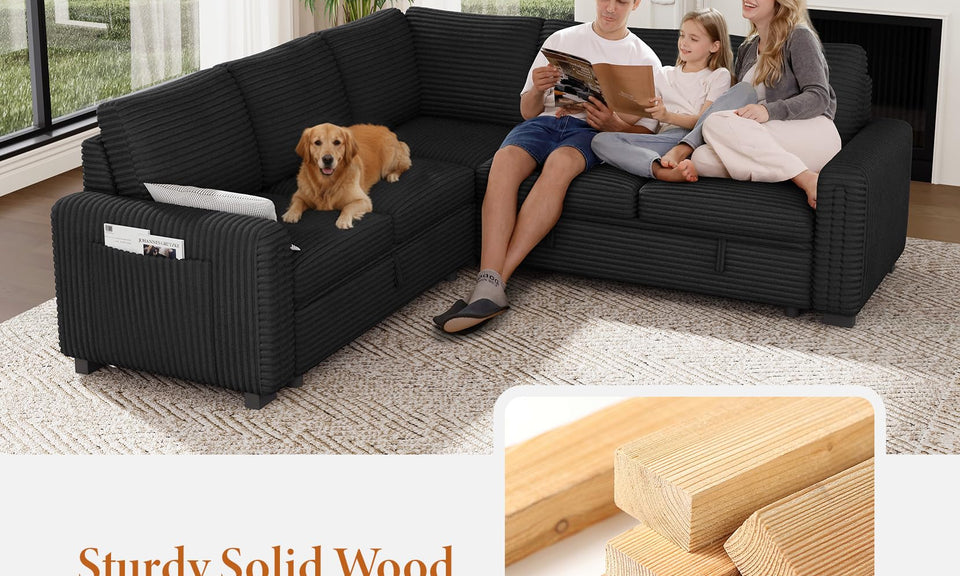 Vesgantti 88.4" 113.6" Corduroy/Chenille Sectional Sleeper Sofa with Pull Out Bed Chaise, Comfy Modular Cloud Couch with Storage