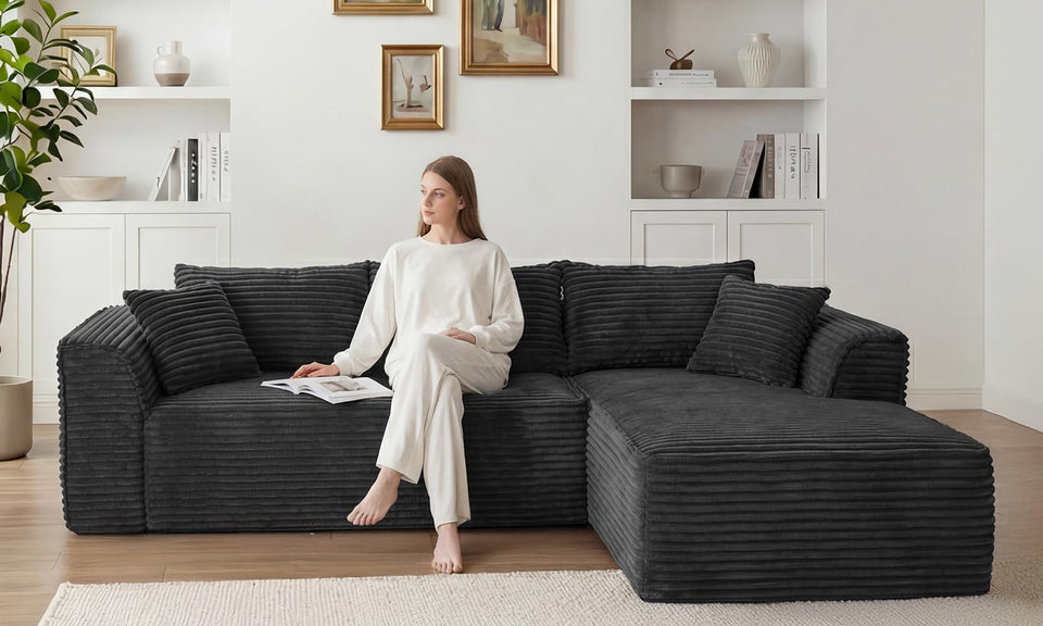 Vesgantti 106"/135" Boneless Cloud Couch with Chaise, No Assembly Required, Deep Seat L Couch, Sectional Modular Sofa, Memory Foam Living Room Couches for Apartment, Corduroy/Chenille