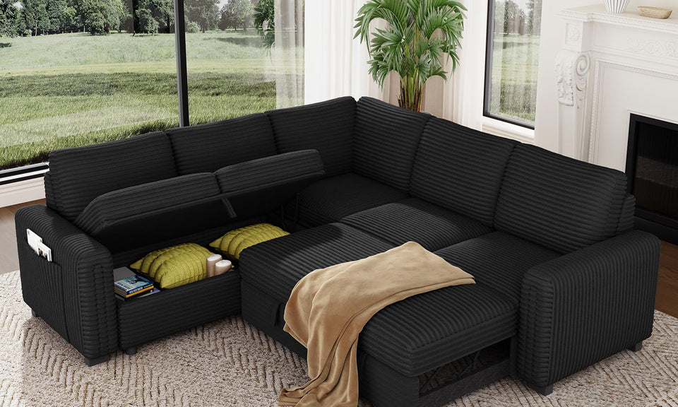 Vesgantti 88.4" 113.6" Corduroy/Chenille Sectional Sleeper Sofa with Pull Out Bed Chaise, Comfy Modular Cloud Couch with Storage