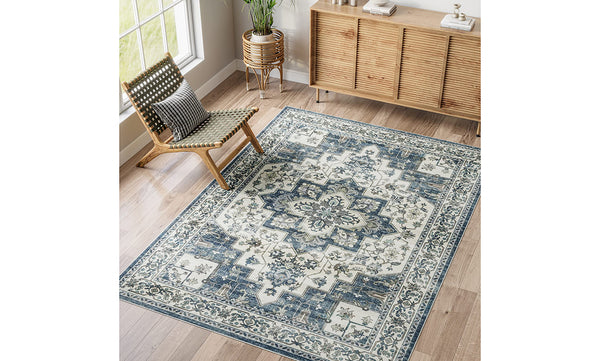 Vintage Boho Washable Area Rug for Living Room Bedroom Oriental Medallion Floral Print Floor Carpet Low-Pile Non-Slip Accent Rug